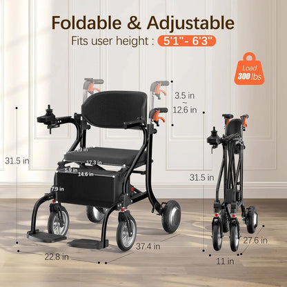3 in 1 Electric Wheelchair & Lightweight Rollator Walker with Seat & Foldable Transport Wheel Chair for Seniors Adults, 20 Miles Long Travel Range Motorized Power Wheelchair (Black)