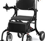 Black motorized wheelchair with a padded seat and backrest, front caster wheels, footrests, and orange handle accents, shown on a white studio background.