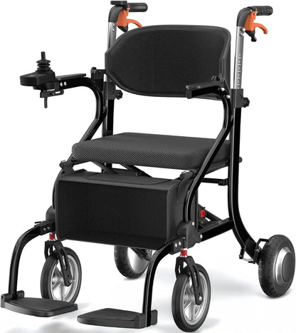 Black motorized wheelchair with a padded seat and backrest, front caster wheels, footrests, and orange handle accents, shown on a white studio background.