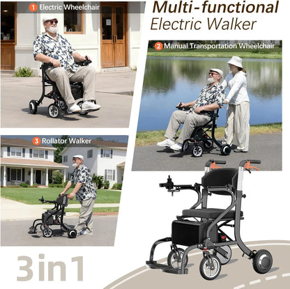 3 in 1 Electric Wheelchair & Lightweight Rollator Walker with Seat & Foldable Transport Wheel Chair for Seniors Adults, 20 Miles Long Travel Range Motorized Power Wheelchair (Black)