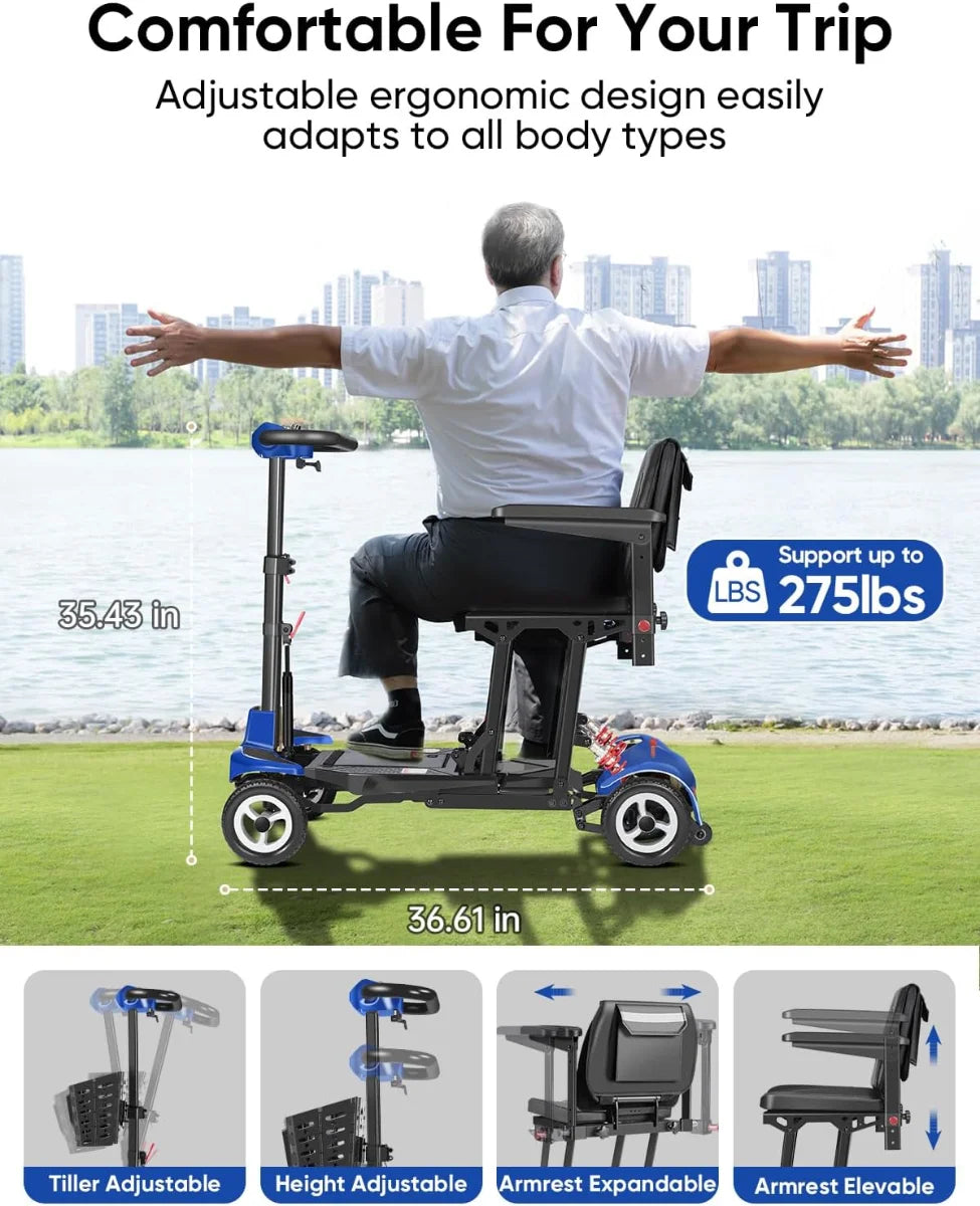 Ultra Light Folding Mobility Scooters for Adults Seniors - 37.5 lbs - 4 Wheel Electric Scooters Airline Cruise Approved for Travel, All Terrain Motorized Scooter, 275 lbs Capacity,