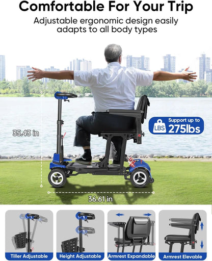 Ultra Light Folding Mobility Scooters for Adults Seniors - 37.5 lbs - 4 Wheel Electric Scooters Airline Cruise Approved for Travel, All Terrain Motorized Scooter, 275 lbs Capacity,